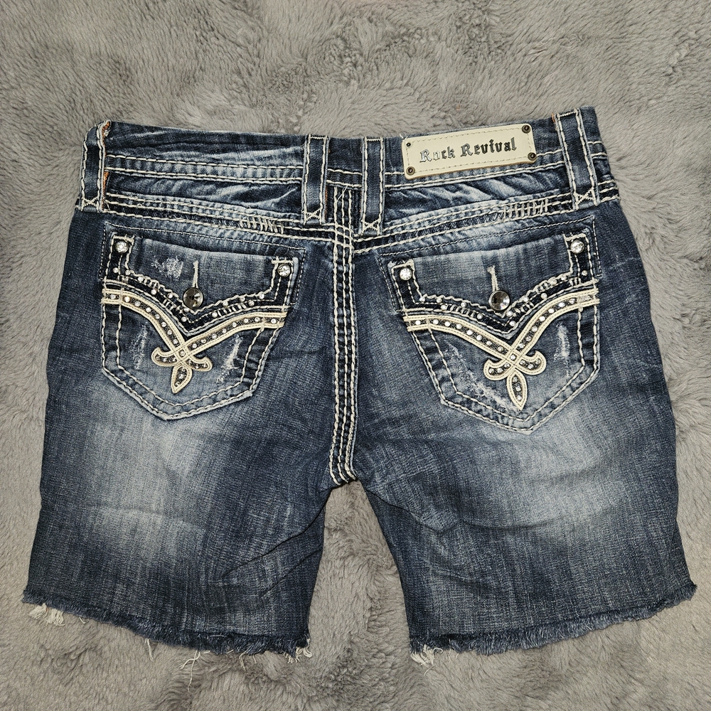 Rock Revival Blue Distressed Denim Shorts Cutoffs Bling Pockets Size 29 - Picture 7 of 13